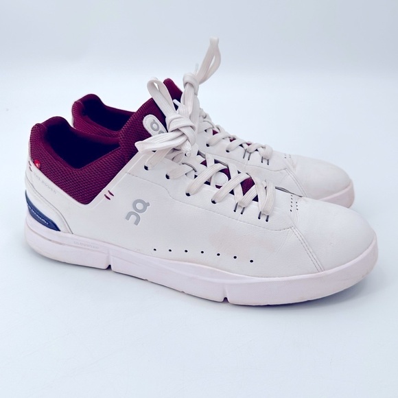 On Running White and Burgundy Athletic Shoes - Picture 1 of 7